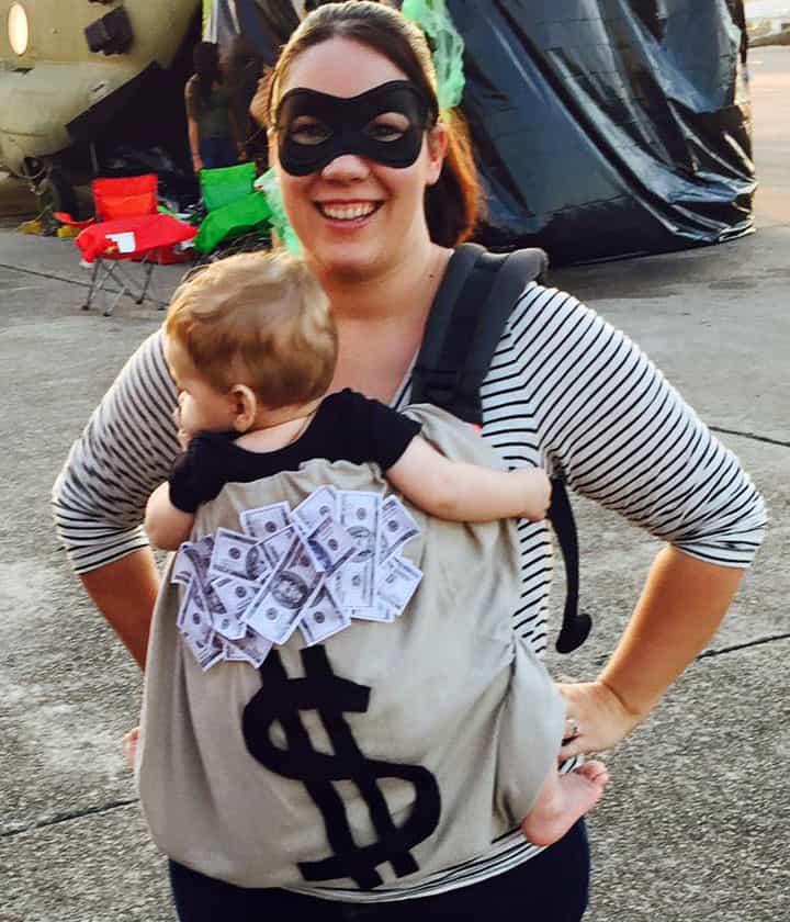 Babywearing Halloween costume: Bank Robber and Money